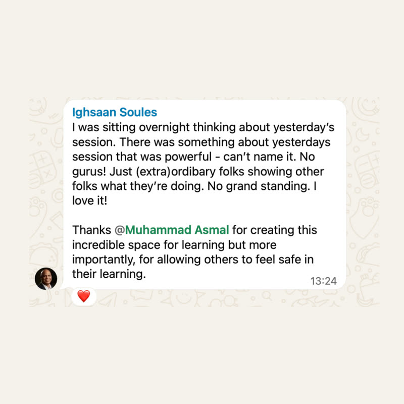 WhatsApp message from Ighsaan Soules about the weekly session