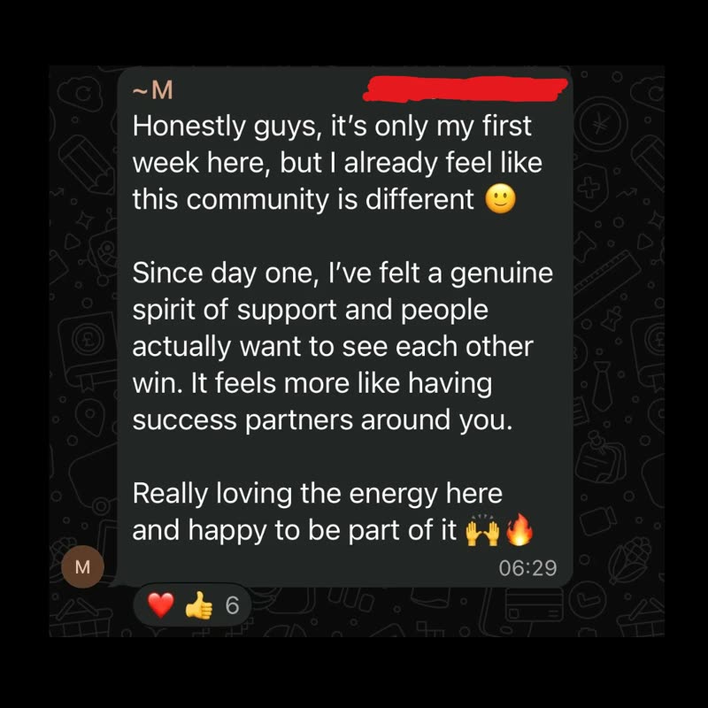 WhatsApp message from Munzir Karim about his first week in the community